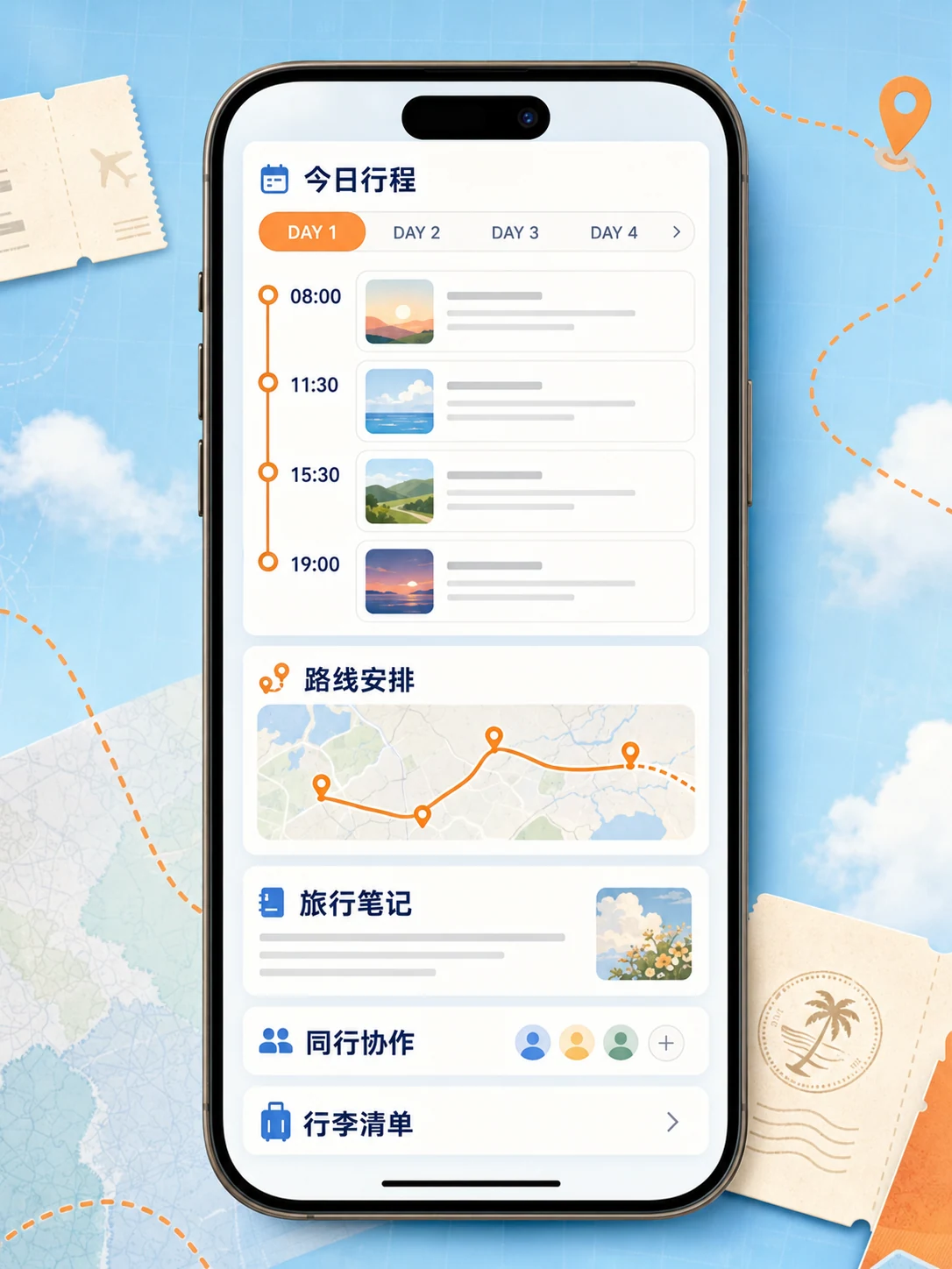 旅行行程规划 App — 功能页面与状态展示